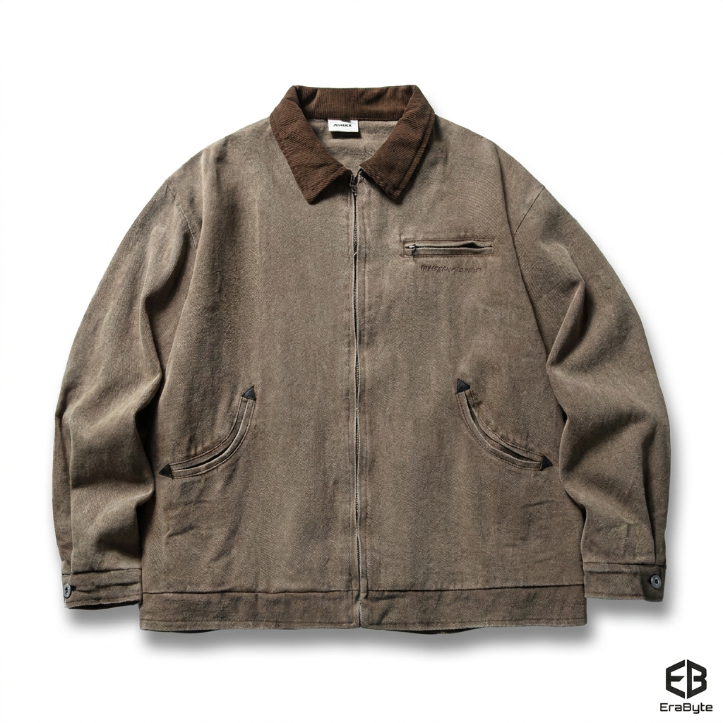Vintage Washed Lapel Casual Jacket for Men by Erabyte, featuring a brown color, zip closure, and two front pockets.