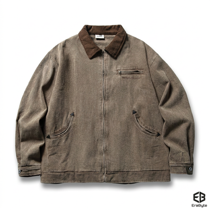 Vintage Washed Lapel Casual Jacket for Men by Erabyte, featuring a brown color, zip closure, and two front pockets.
