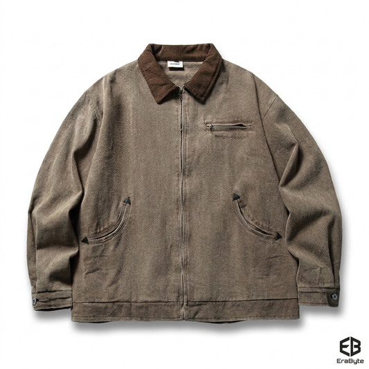 Vintage Washed Lapel Casual Jacket for Men by Erabyte, featuring a brown color, zip closure, and two front pockets.