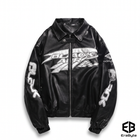 Embroidered Oversized PU Leather Jacket