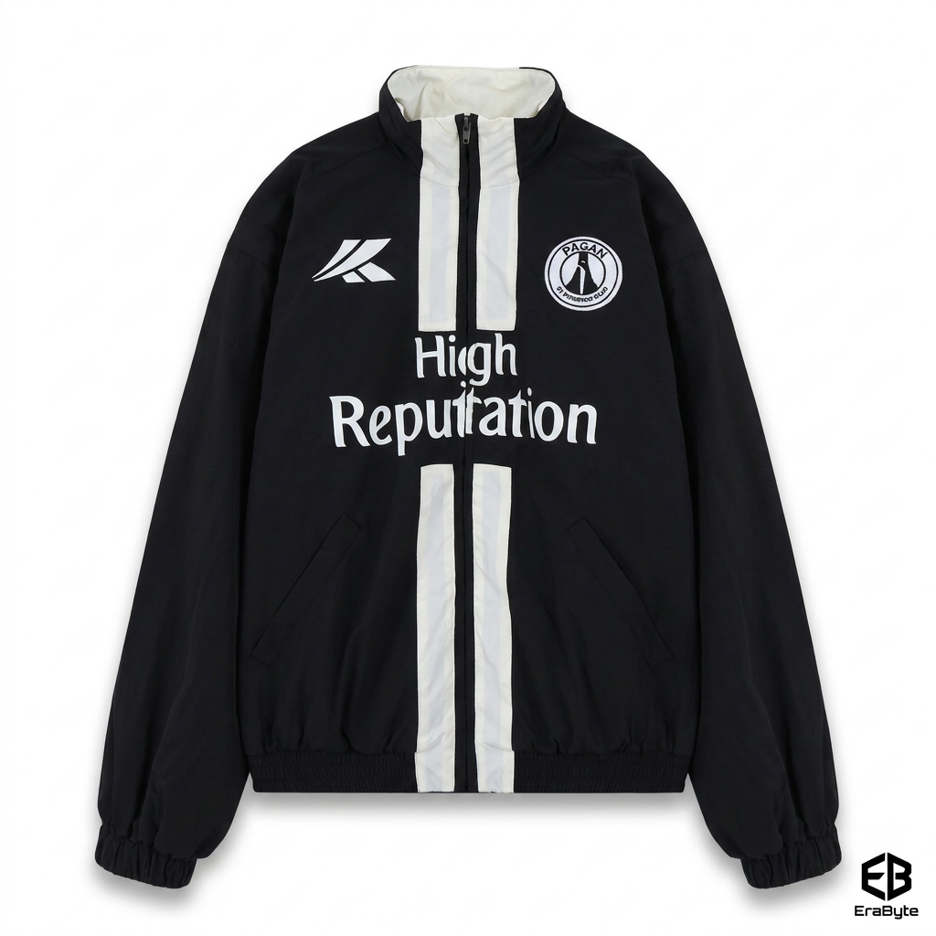 Black Erabyte men's jacket featuring a white stripe design and "High Reputation" text on the front.