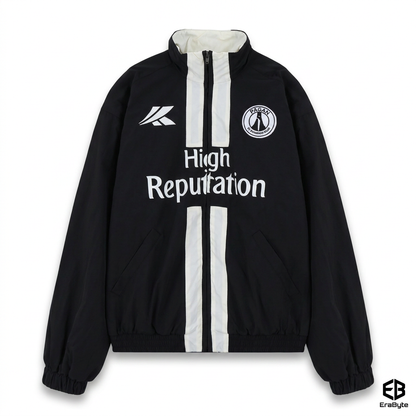 Black Erabyte men's jacket featuring a white stripe design and "High Reputation" text on the front.