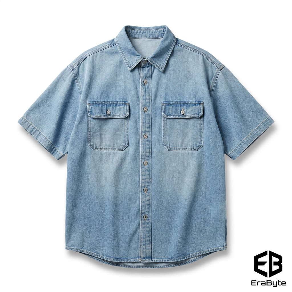 Light blue men's denim short sleeve shirt jacket with two chest pockets and button closure. Brand logo in the corner.