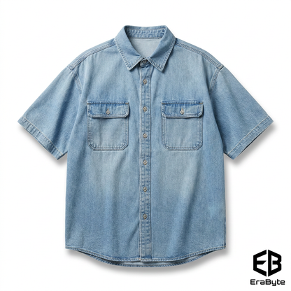 Light blue men's denim short sleeve shirt jacket with two chest pockets and button closure. Brand logo in the corner.