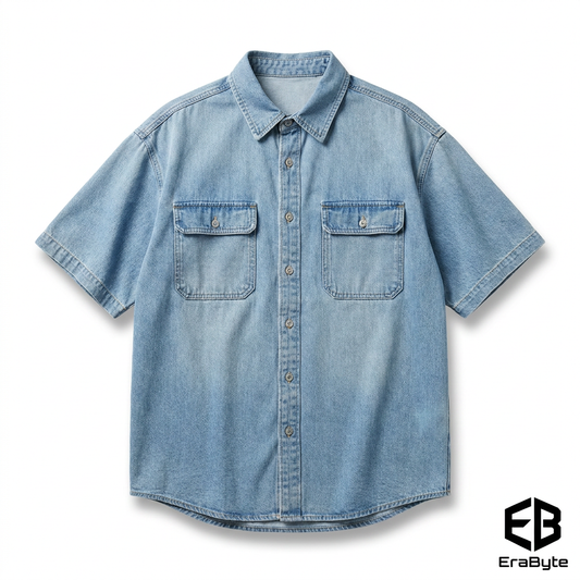 Light blue men's denim short sleeve shirt jacket with two chest pockets and button closure. Brand logo in the corner.