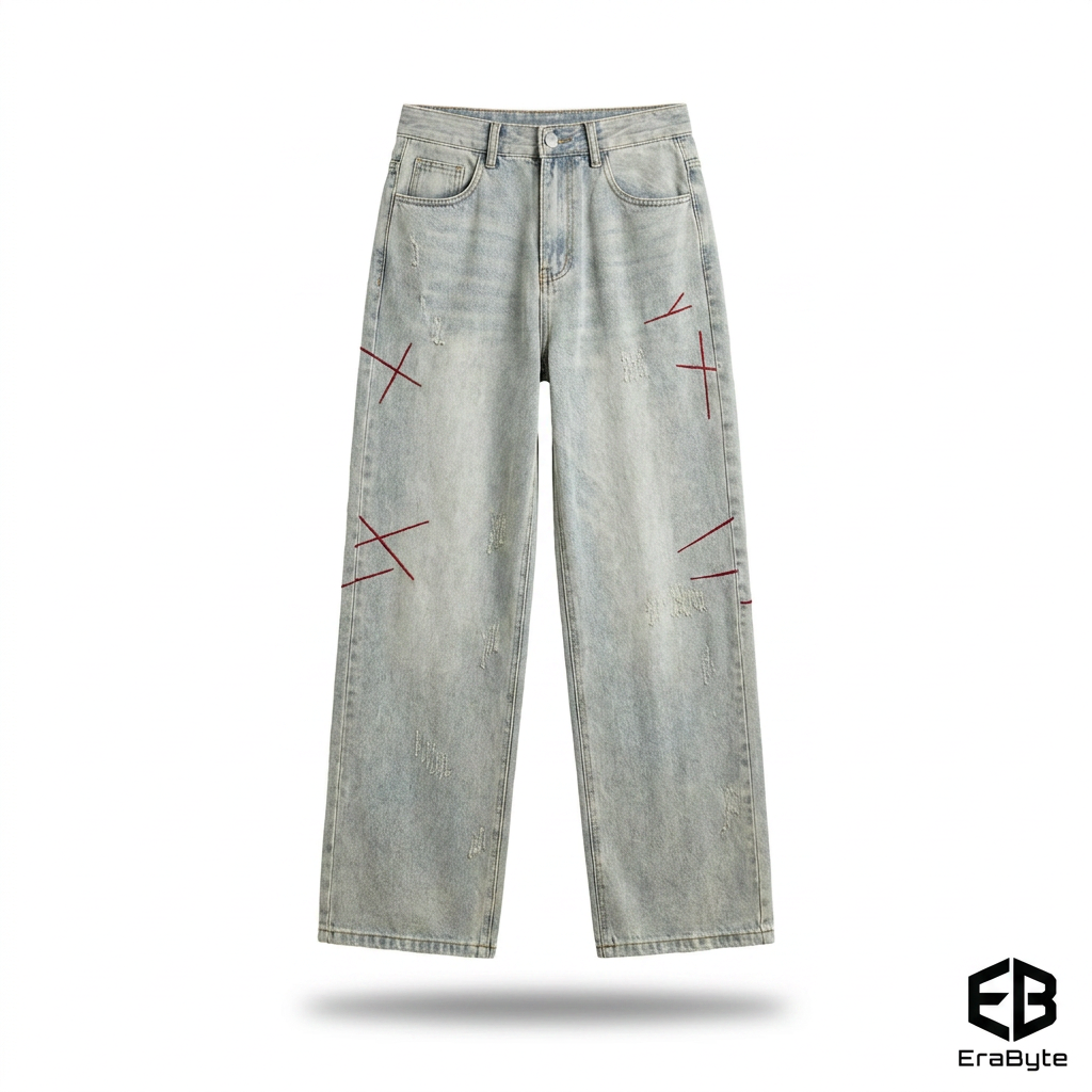 Embroidered Loose Straight Jeans
