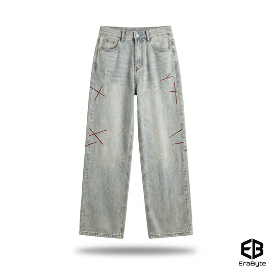 Embroidered Loose Straight Jeans