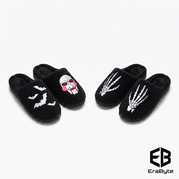 Halloween Cotton Slippers for Men Women Winter Warm Skull Ghost Pumpkin Indoor Home Slippers