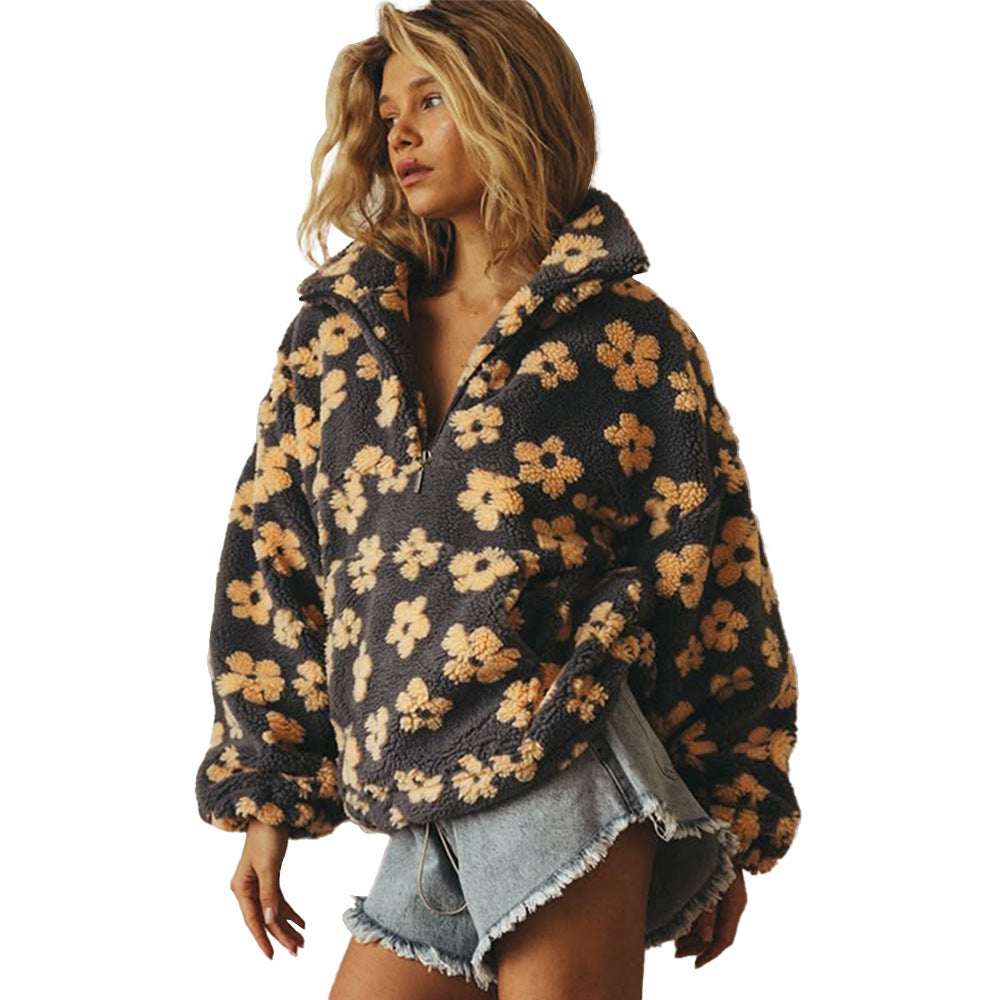 Floral Fleece Drawstring Hooded Pullover