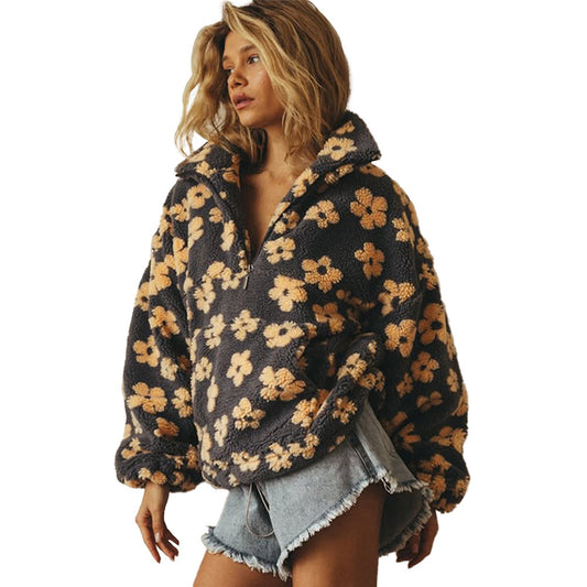 Floral Fleece Drawstring Hooded Pullover