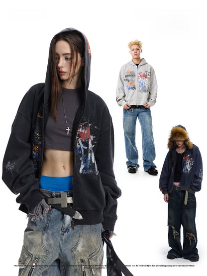 Oversized Graffiti Hooded Cardigan