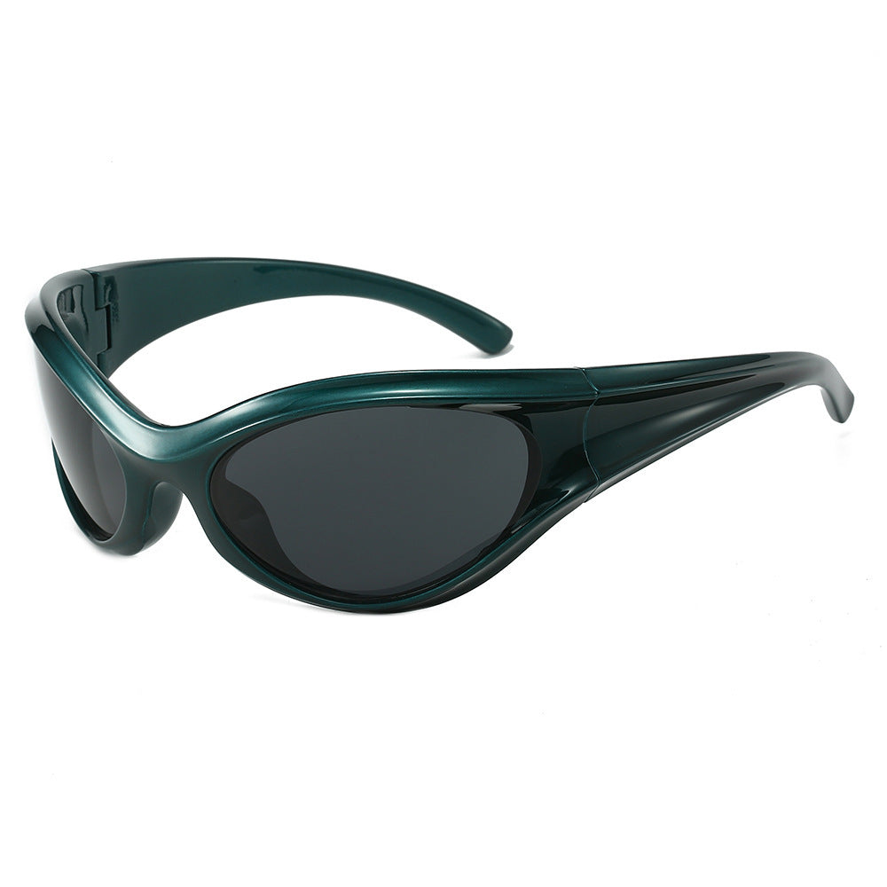 Erabyte Retro Y2K Style UV Protection Sunglasses in dark green with sleek, curved frames and dark lenses.