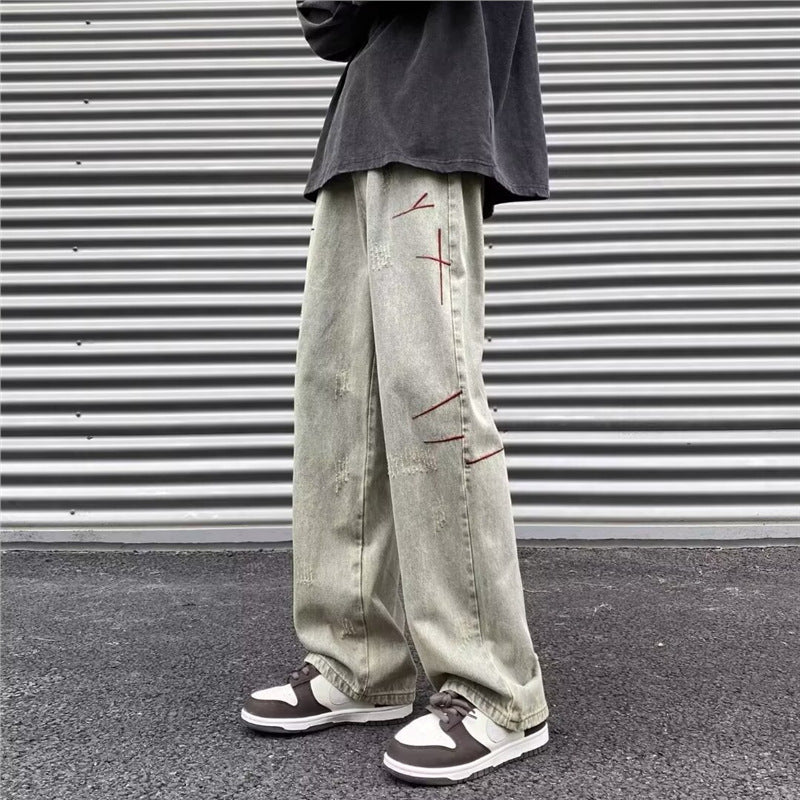 Embroidered Loose Straight Jeans