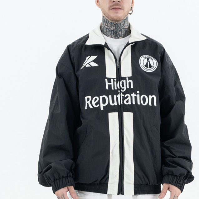 Erabyte Men's Jacket in black with white stripes and "High Reputation" text, featuring a zip front and relaxed fit.