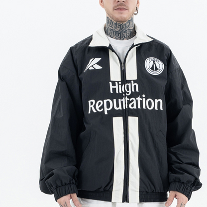 Erabyte Men's Jacket in black with white stripes and "High Reputation" text, featuring a zip front and relaxed fit.