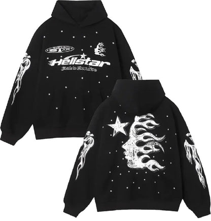 Black Punk Graphic Hoodie Sweatshirt by Erabyte featuring bold white graphics, flames, and star designs on front and back.