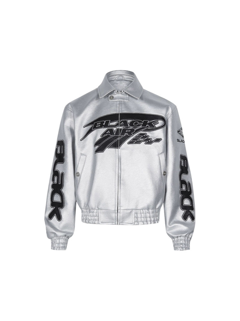 Embroidered Oversized PU Leather Jacket