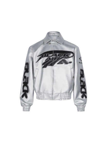 Embroidered Oversized PU Leather Jacket