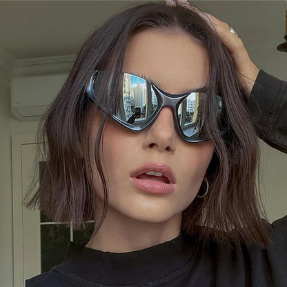 Erabyte Punk Style Half Frame Sunglasses with reflective lenses, worn by a model with shoulder-length hair, ideal for outdoor