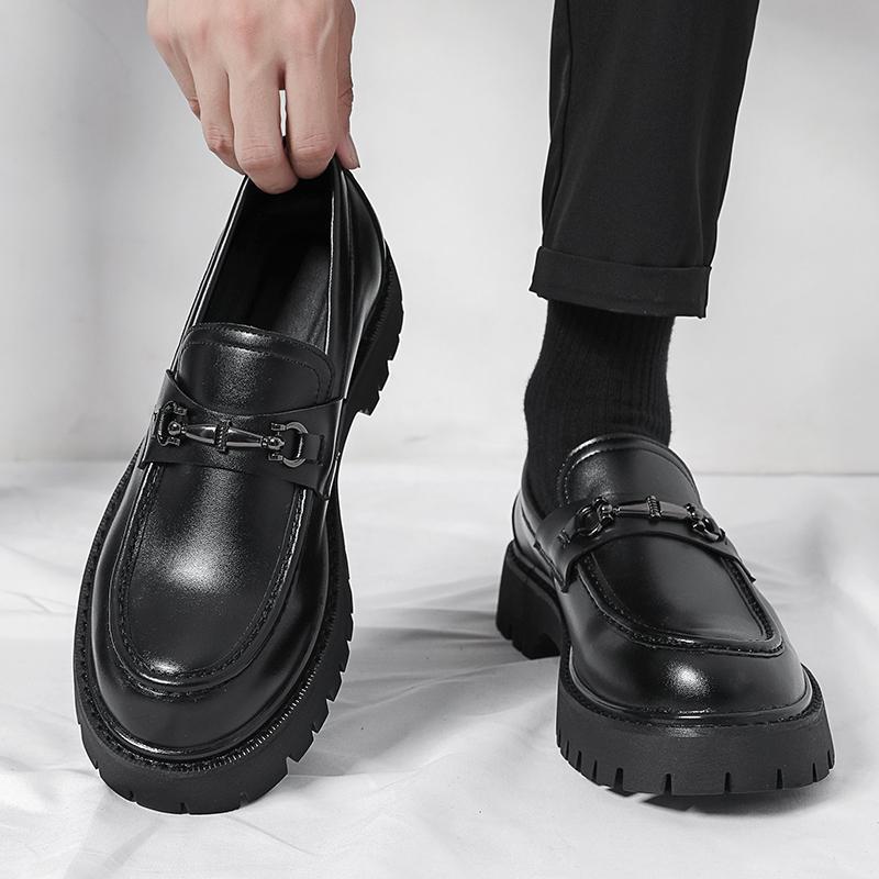Men's Height Increasing Leather Loafers by Erabyte, featuring patent leather, a chunky sole, and stylish buckle detail.