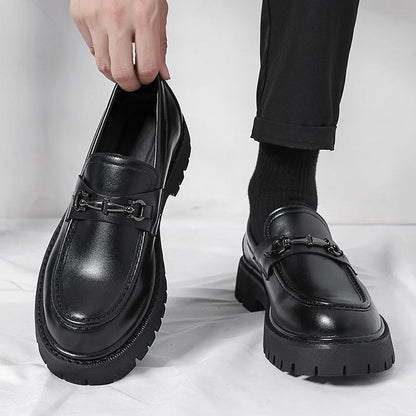 Men's Height Increasing Leather Loafers by Erabyte, featuring patent leather, a chunky sole, and stylish buckle detail.