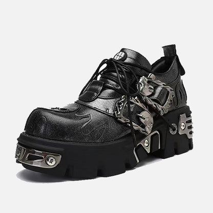 Erabyte dark punk little leather shoes featuring a chunky sole, decorative chains, and unique flame detailing.