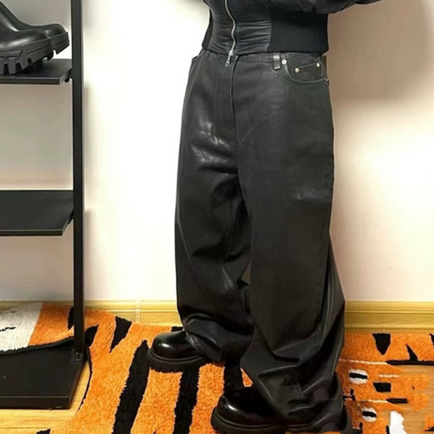 Waxed Coated Black Straight-Leg Jeans
