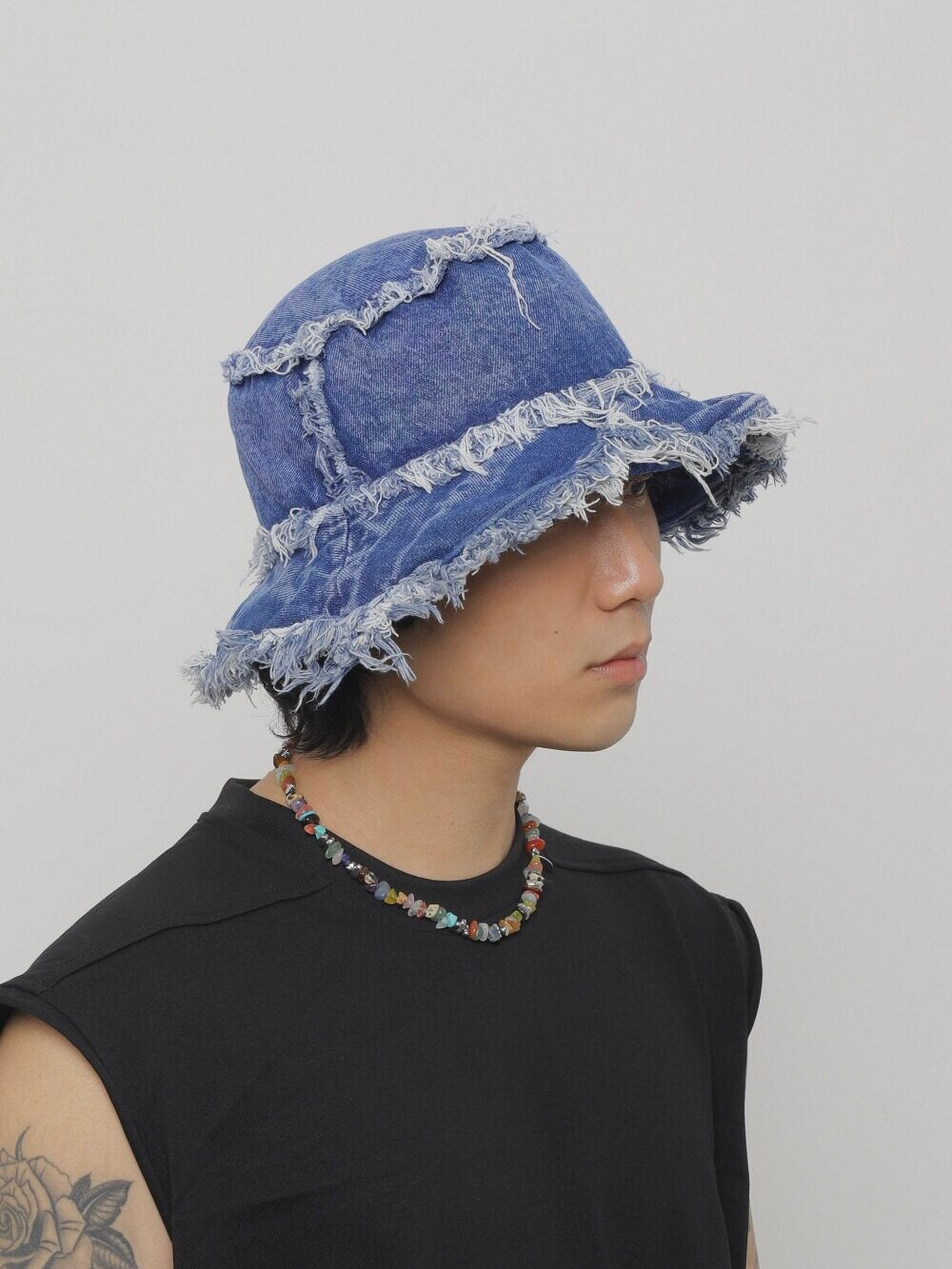 Distressed Denim Wide-Brim Bucket Hat