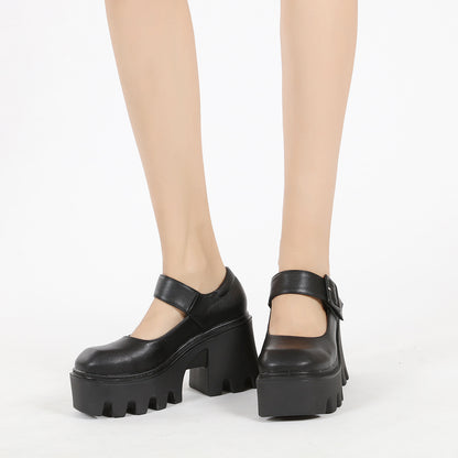Erabyte Mary Jane Platform Heeled Shoes for Women, featuring a black leather design with a chunky heel and strap.