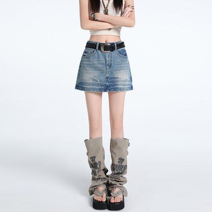 Erabyte Punk Style Denim Skirt featuring a distressed design, high waist, and a casual, edgy look.