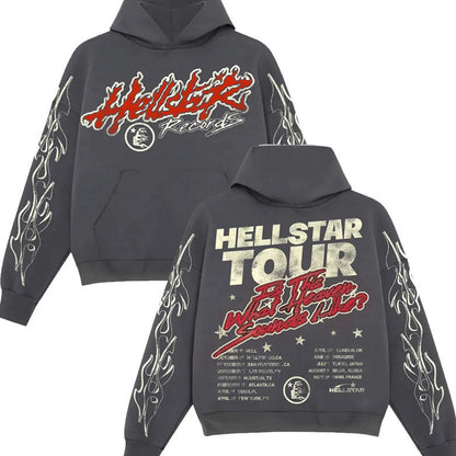 Erabyte Punk Graphic Hoodie Sweatshirt in dark gray featuring bold red and silver graphics, flame designs on sleeves, and tou