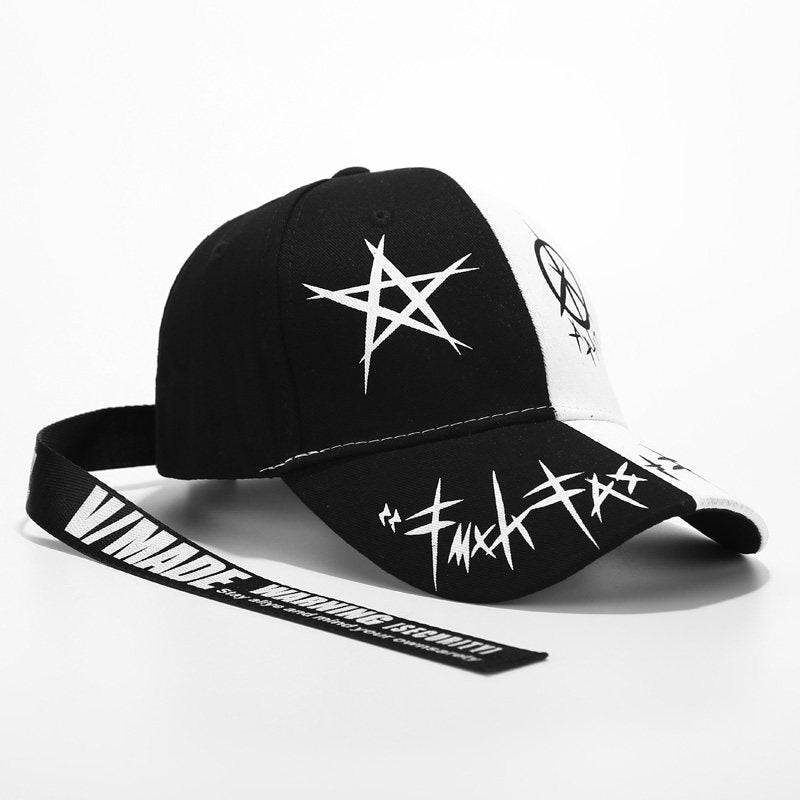 Erabyte Hat Man Baseball Cap featuring a black and white design with star graphics and a branded strap.