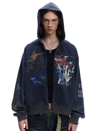 Oversized Graffiti Hooded Cardigan
