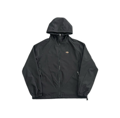 Erabyte Vortex Track Jacket in black, featuring a hood, zip closure, and side pockets. Stylish and functional design.