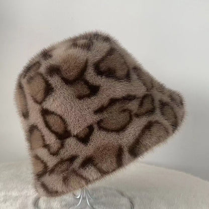 Women Retro Leopard Print Plush Fisherman Hat Warm Sun Hat