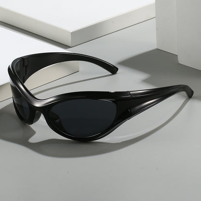 Erabyte Retro Y2K Style UV Protection Sunglasses in sleek black with a unique aerodynamic design. Ideal for stylish sun prote