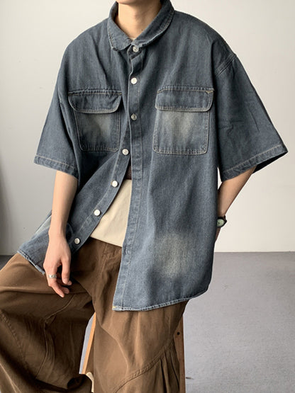Erabyte Men's Denim Short Sleeve Shirt Jacket in faded blue, featuring two front pockets and a relaxed fit.