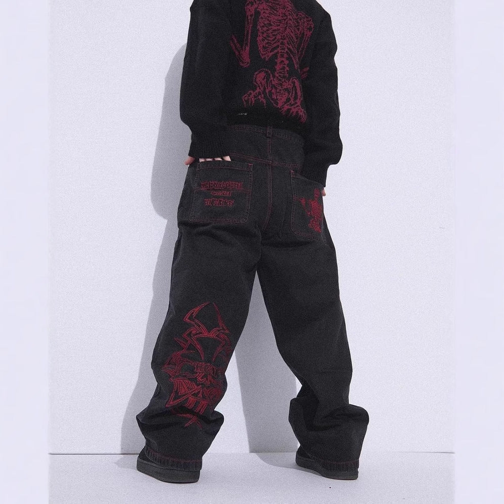 Skull Embroidered Washed Jeans