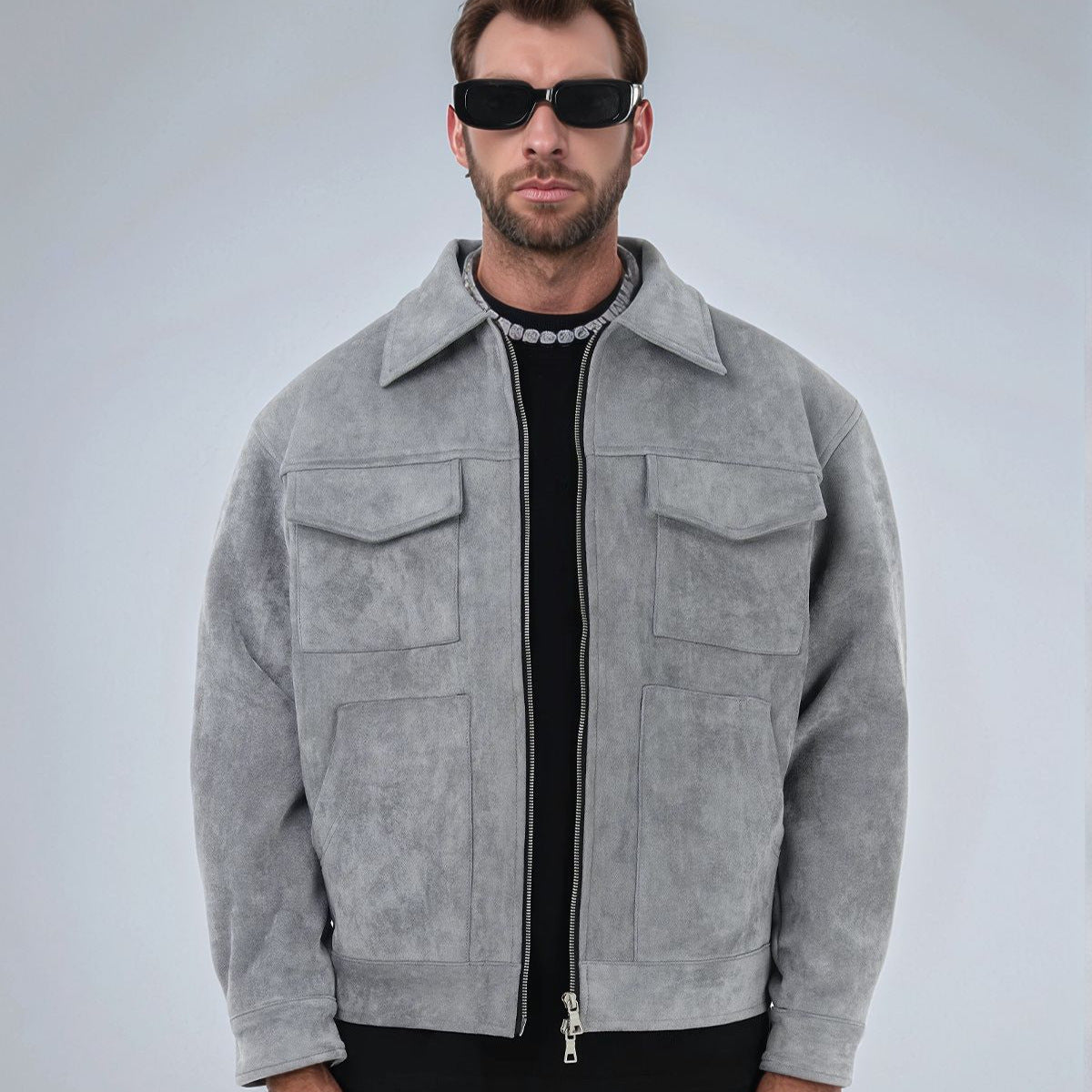 Erabyte Suede Zipper Pocket Jacket in gray, featuring a collared design, front pockets, and a zip closure. Model wearing sung