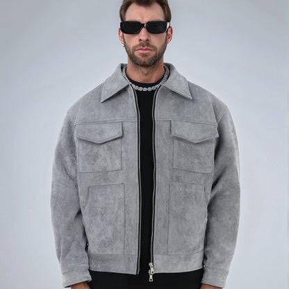 Erabyte Suede Zipper Pocket Jacket in gray, featuring a collared design, front pockets, and a zip closure. Model wearing sung