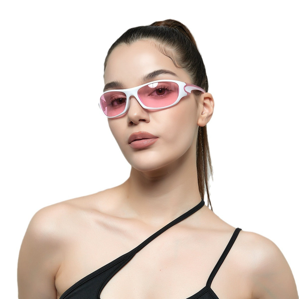 Erabyte Y2K Punk Street Style UV Protection Sunglasses with pink lenses and a sleek white frame, worn by a model.