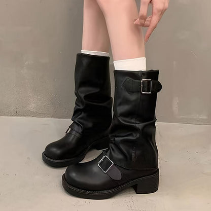 Belt buckle pleated leather boots