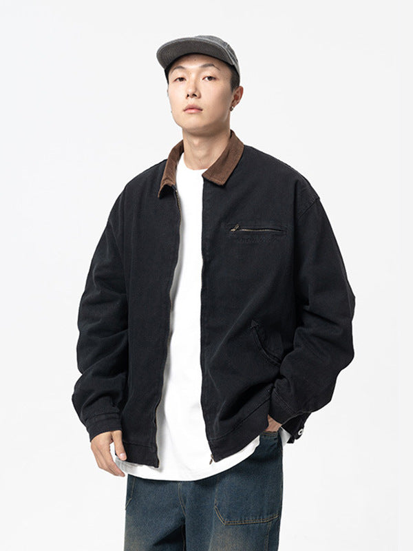 Erabyte Vintage Washed Lapel Casual Jacket for Men, featuring a black fabric with a brown collar and relaxed fit.