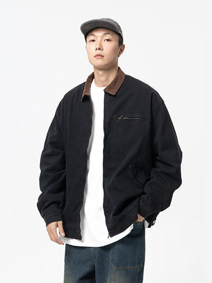 Erabyte Vintage Washed Lapel Casual Jacket for Men, featuring a black fabric with a brown collar and relaxed fit.