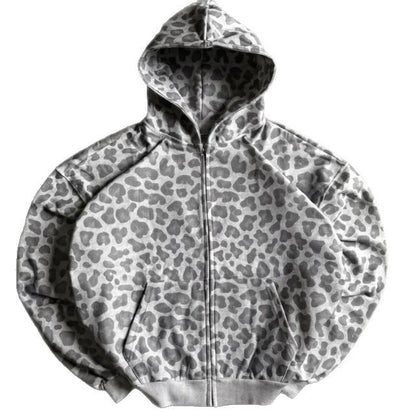 Retro Leopard Print Zip Up Hoodie