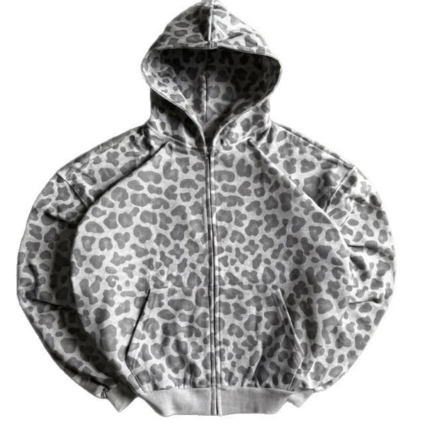Retro Leopard Print Zip Up Hoodie