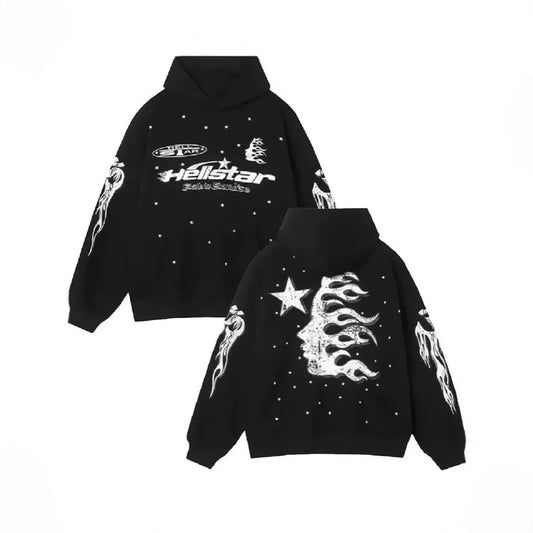 Erabyte Punk Graphic Hoodie Sweatshirt featuring bold white graphics, flames, and star designs on a black background.