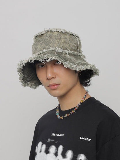 Distressed Denim Wide-Brim Bucket Hat