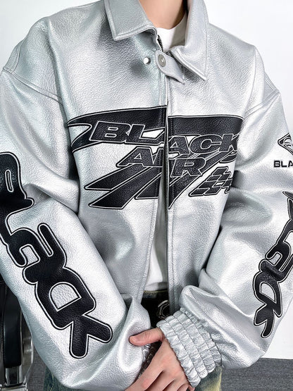 Embroidered Oversized PU Leather Jacket