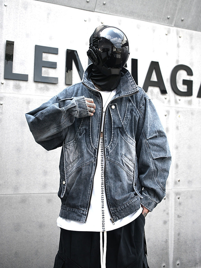 Erabyte Punk Streetwear Denim Jacket featuring a loose fit, distressed denim, and unique design details, worn by a figure in 